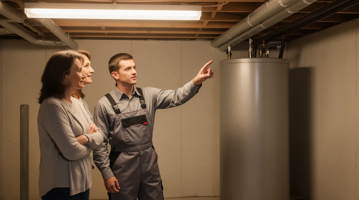 Ein Techniker zeigt im Keller eines Wohnhauses auf einen großen zylindrischen Öltank und berät einen Hausbesitzer.