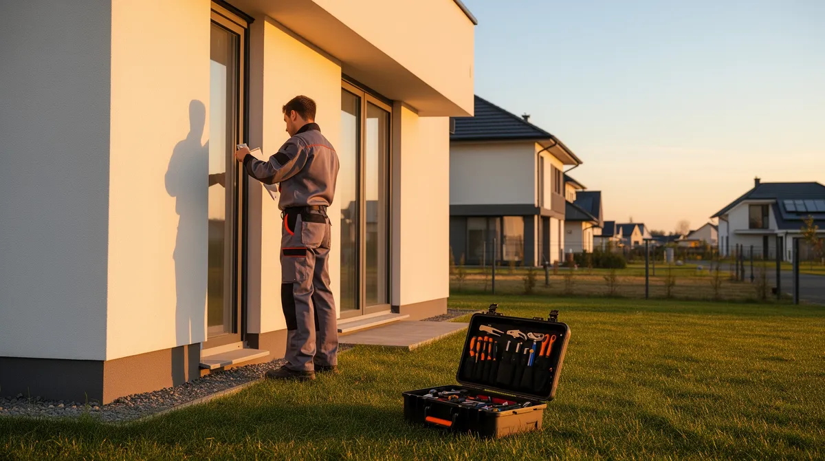 Ein Techniker prüft die Außenwand eines modernen Hauses bei Sonnenuntergang.