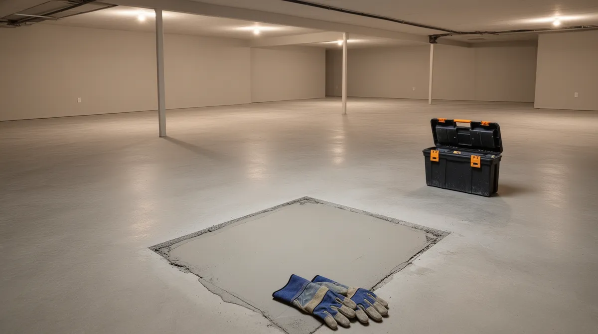 Ein sauberer Betonkellerboden mit einer geflickten rechteckigen Stelle, Werkzeugkiste und Arbeitshandschuhe in der Nähe.