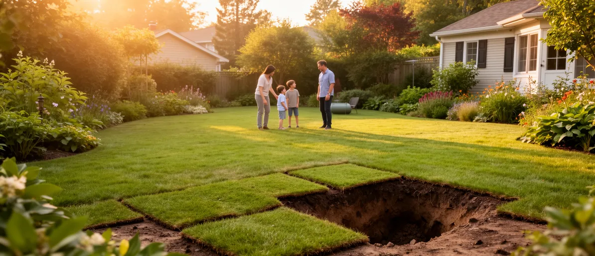 Eine Familie genießt ihren gepflegten Garten mit frischem Rasen an einem goldenen Abend.