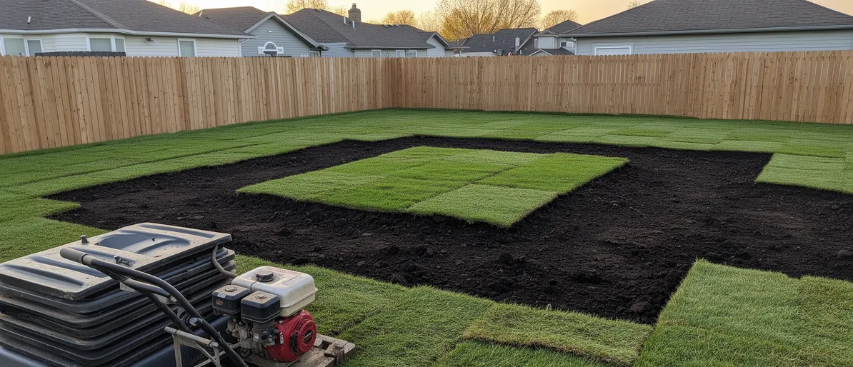 Ein aufgeräumter Garten mit frischer Erde und neuem Rasen nach der Entfernung eines Öltanks.