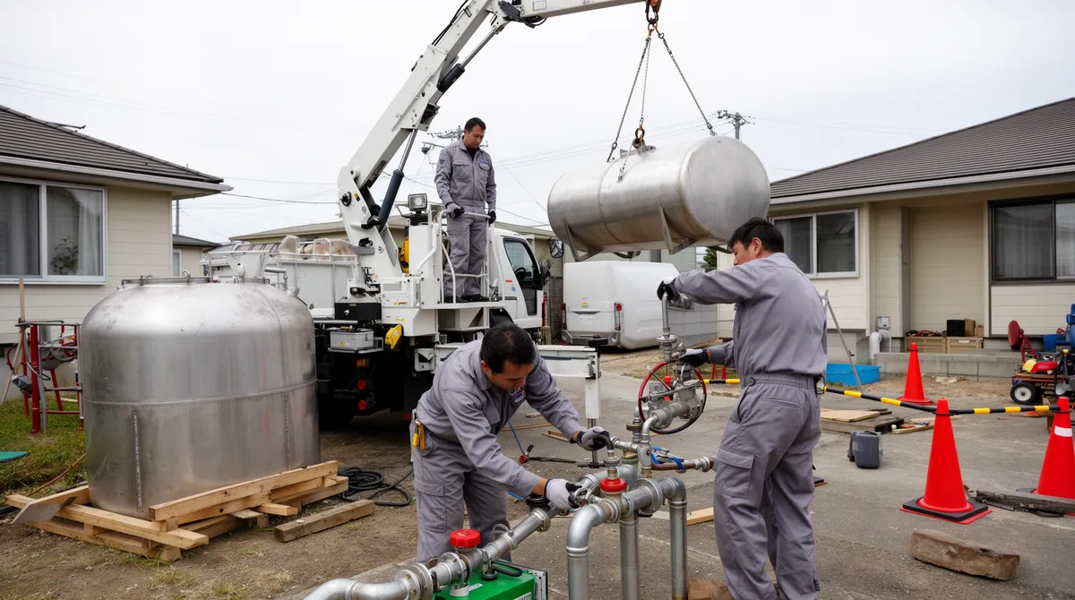 Techniker entfernen einen Öltank mit einem Hydraulikwagen, während ein Kollege Rohre abdichtet.