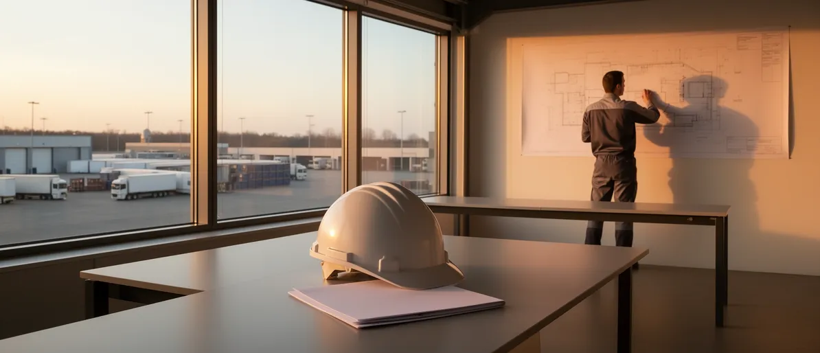 Ein Techniker prüft einen Bauplan an der Wand in einem hellen Industriebüro bei Sonnenuntergang.