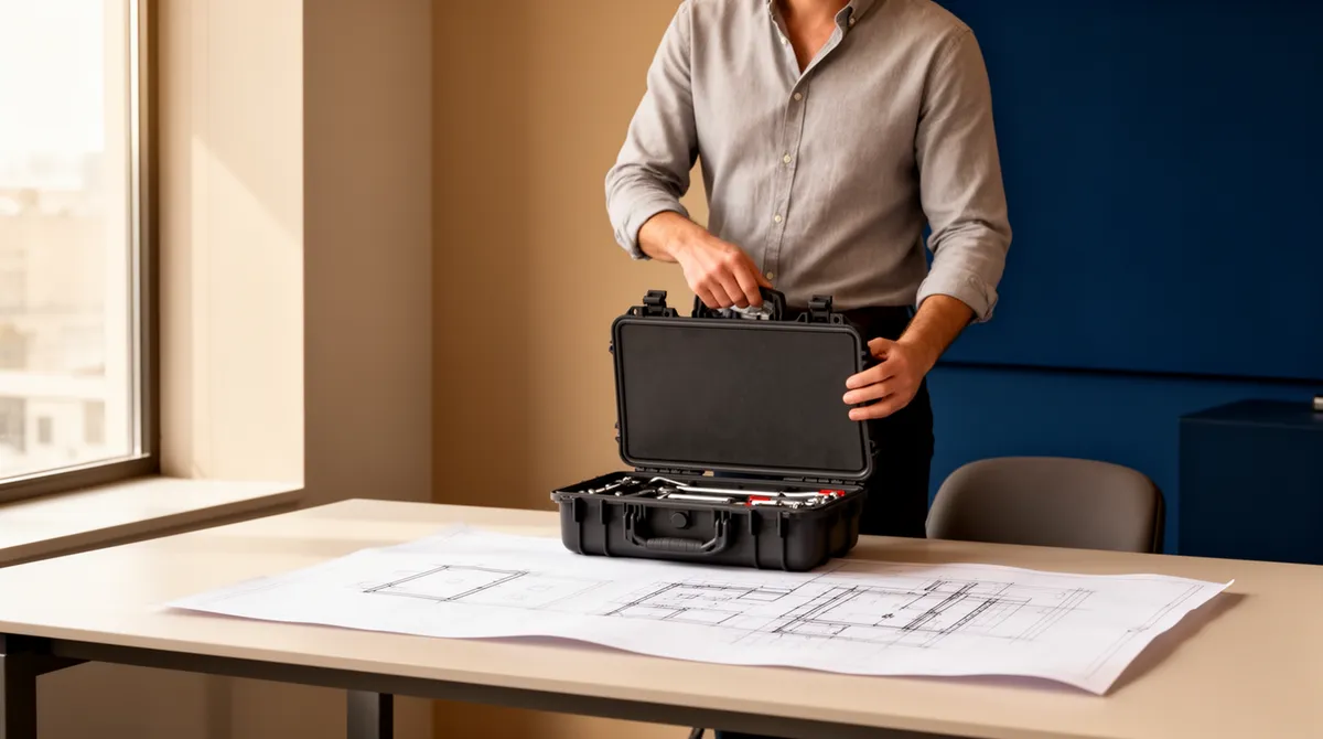Eine Person in einem modernen Büro prüft einen Werkzeugkoffer vor einem minimalistischen Schreibtisch mit einer Bauzeichnung.
