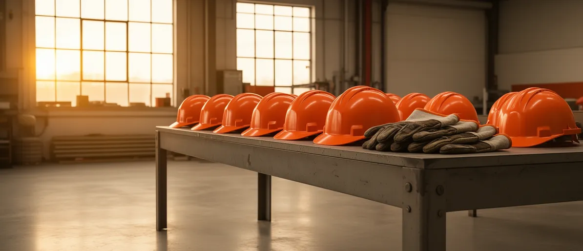 Innenraum einer Werkstatt mit Betonboden, Werkbank, orangen Schutzhelmen, Handschuhen und Industriefenstern.