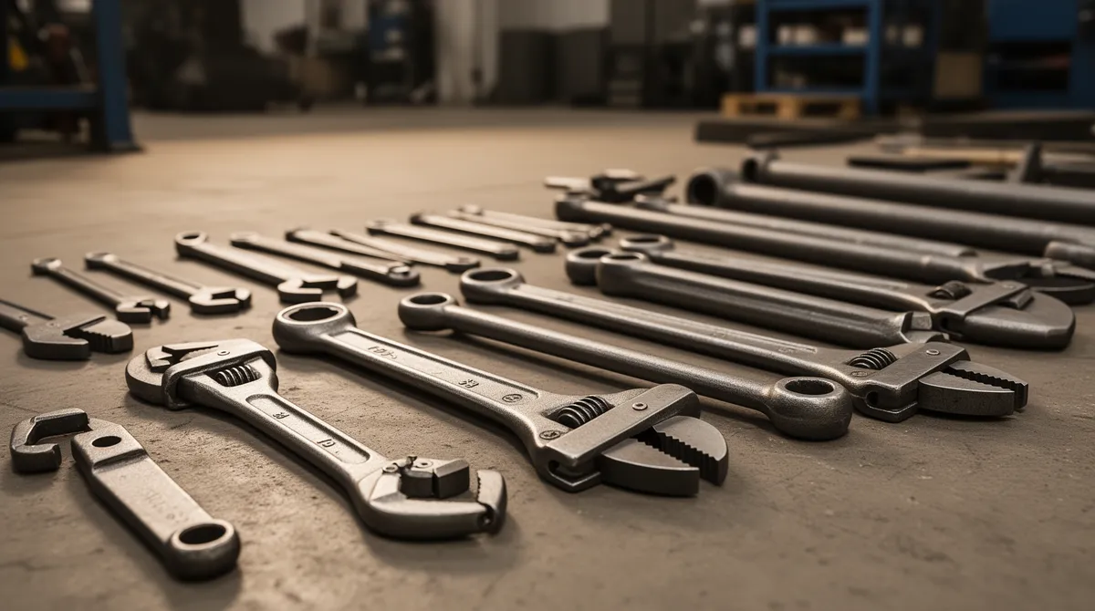 Industrielle Schneidewerkzeuge und Rohrzangen liegen systematisch auf einem Betonboden in einer Werkstatt.