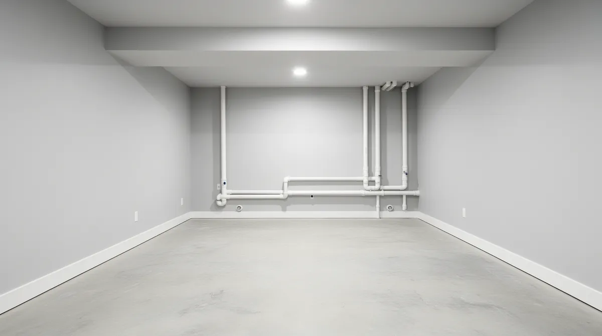 Ein leerer Kellerhauswirtschaftsraum mit Betonboden, hellgrauen Wänden und weißen Wandrohren.