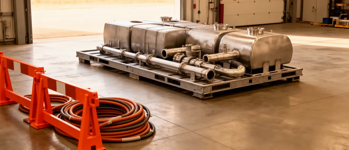 Metalltanks und lose Rohre auf Palette, orange Absperrungen und Schläuche auf Betonboden vor offener Garage.