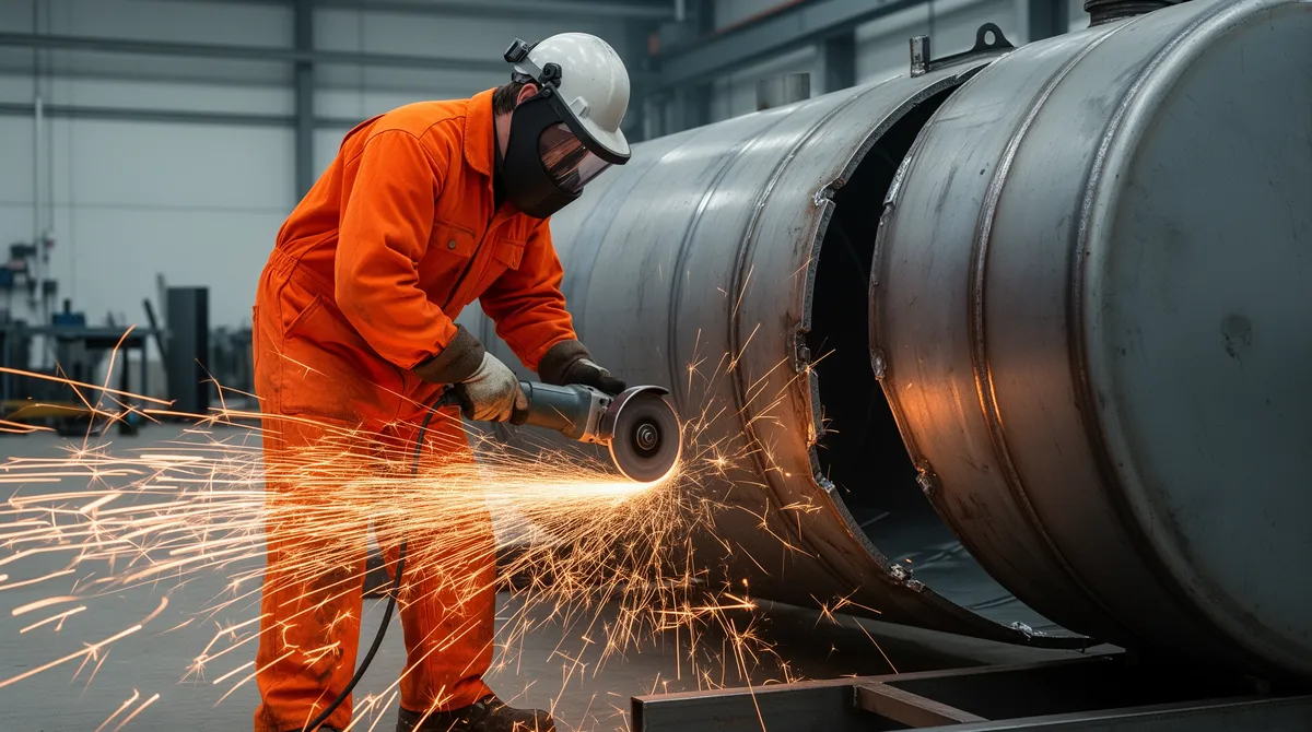 Arbeiter in orangefarbenem Schutzanzug schneidet mit Winkelschleifer einen großen Öltank, Funken sprühen in Werkstatt.