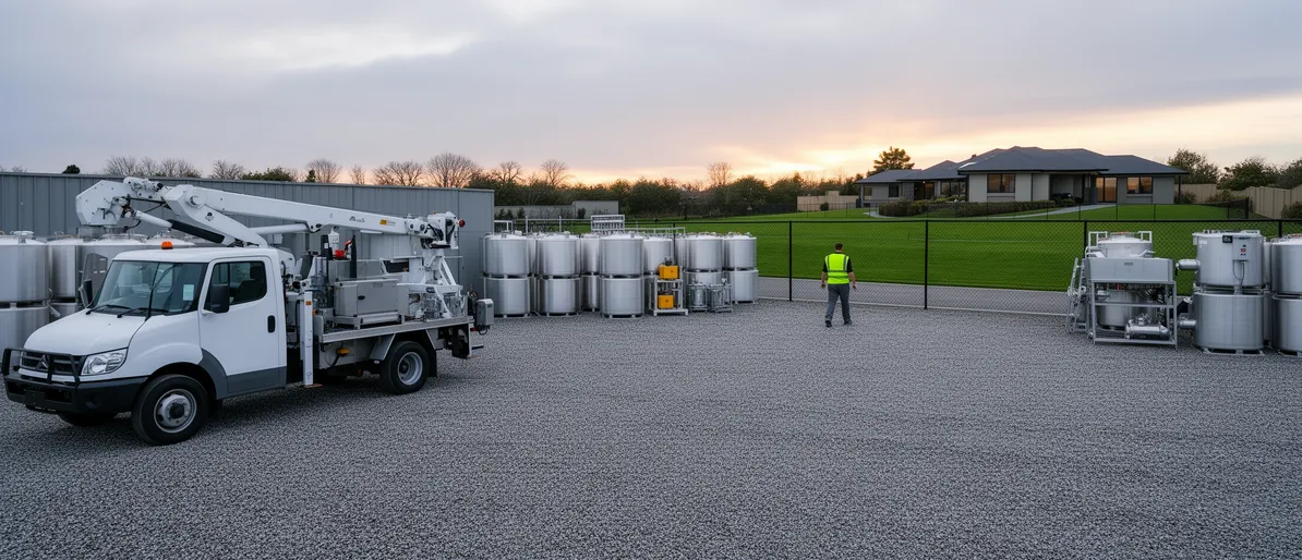 Ein Techniker in Warnweste geht in einem sauberen, modernen Industriehof bei Dämmerlicht.