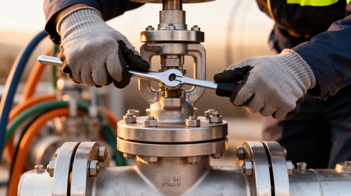 Ein Techniker mit Handschuhen bedient mit einem Spezialschlüssel ein großes Industriearmaturenventil.