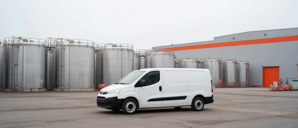 Industrielle Entsorgungsanlage mit großen zylindrischen Stahltanks, weißem Transporter und Lagerhalle.