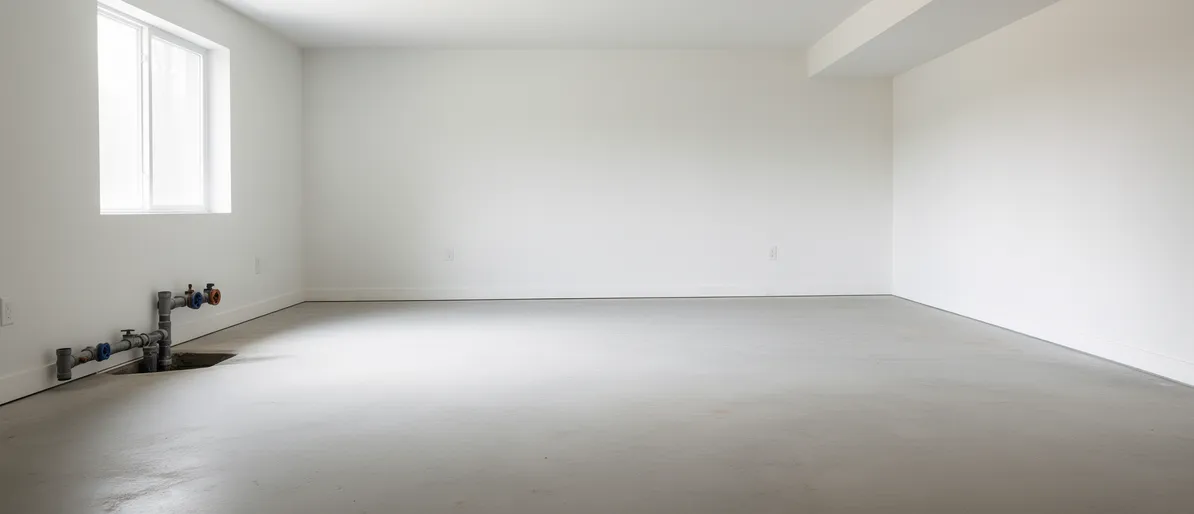 Leerer Kellerraum mit glattem Betonboden, weißen Wänden, abgedichteten Rohren und einem Fenster.