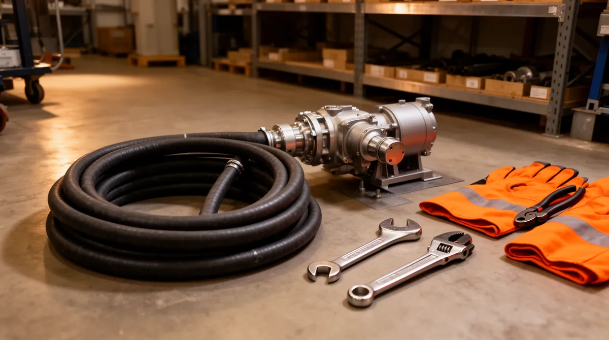 Eine Industriepumpe mit aufgerollten Schläuchen auf Betonboden neben Werkzeugen und oranger Schutzkleidung.