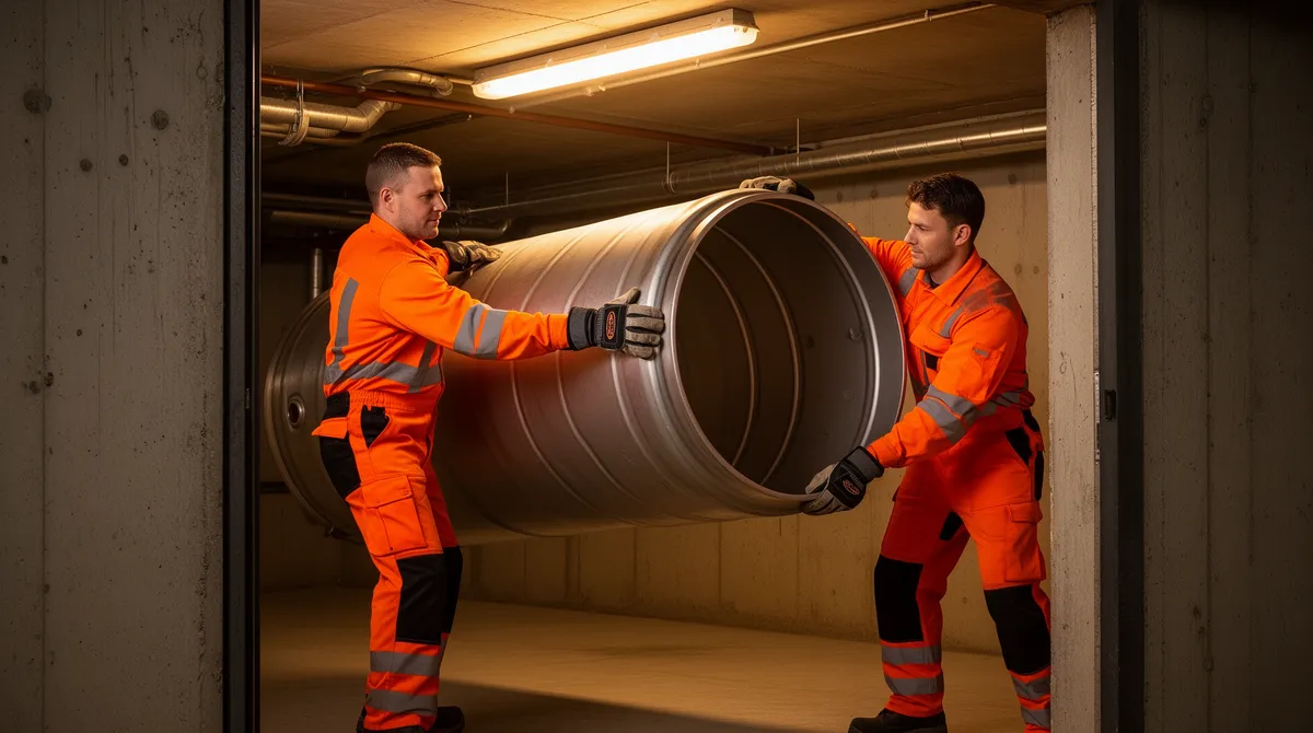 Zwei Arbeiter in orangefarbenen Schutzanzügen heben einen großen zylindrischen Metalltank durch einen Kellereingang.