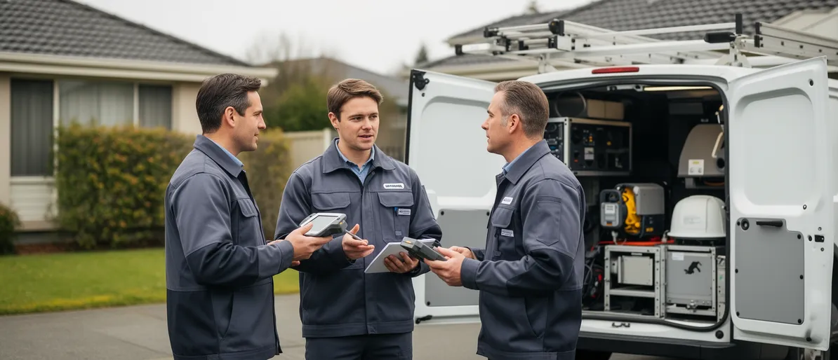 Ein Team von Technikern führt eine Außenbesichtigung an einem Wohnhaus durch.