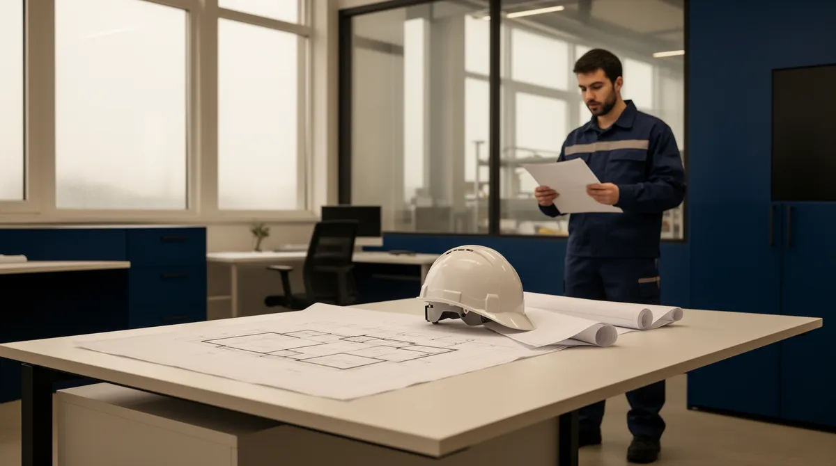 Ein Techniker prüft Baupläne an einem sauberen Schreibtisch in einem modernen Industriebüro.