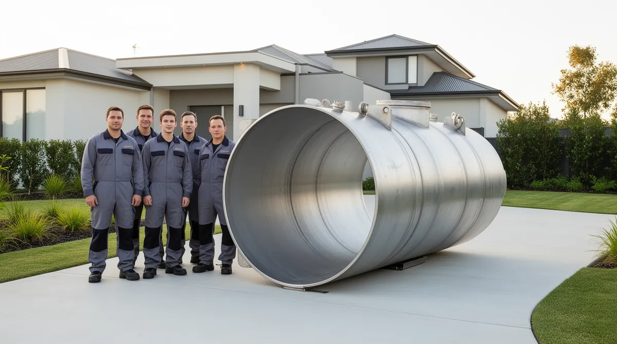 Ein Team von Technikern steht neben einem leeren Öltank auf einer sauberen Betonauffahrt vor einem modernen Haus.