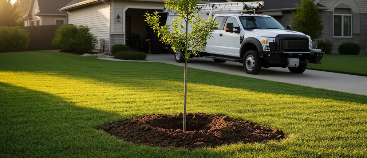 Ein frisch gepflanzter Baum in einem gepflegten Vorgarten bei spätem Nachmittagslicht