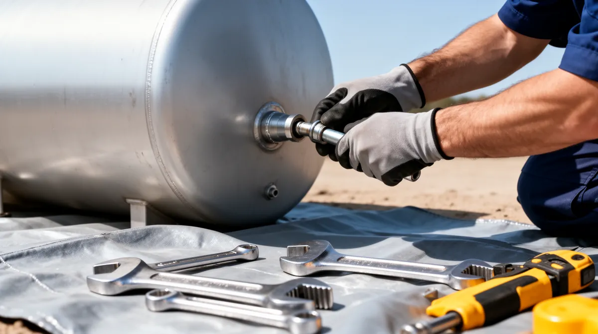 Ein Techniker in Handschuhen löst mit einem Schraubenschlüssel eine Metallleitung von einem zylindrischen Treibstofftank.