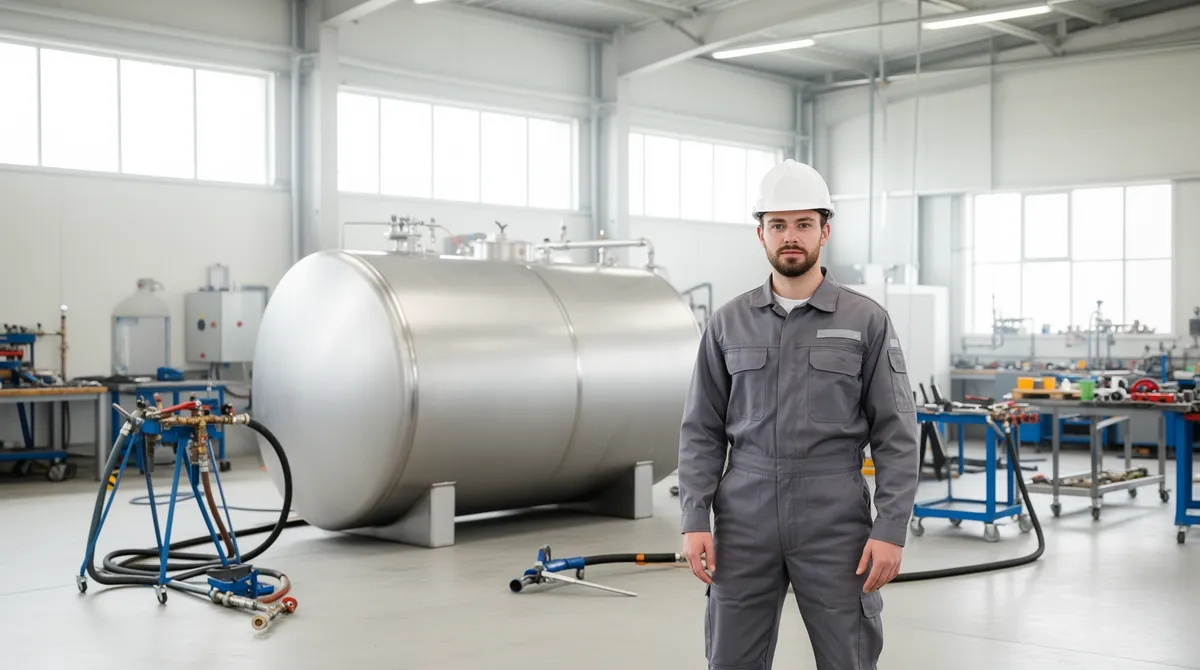 Ein Techniker in grauer Uniform steht vor einem großen Stahltank in einem sauberen Industrielager.
