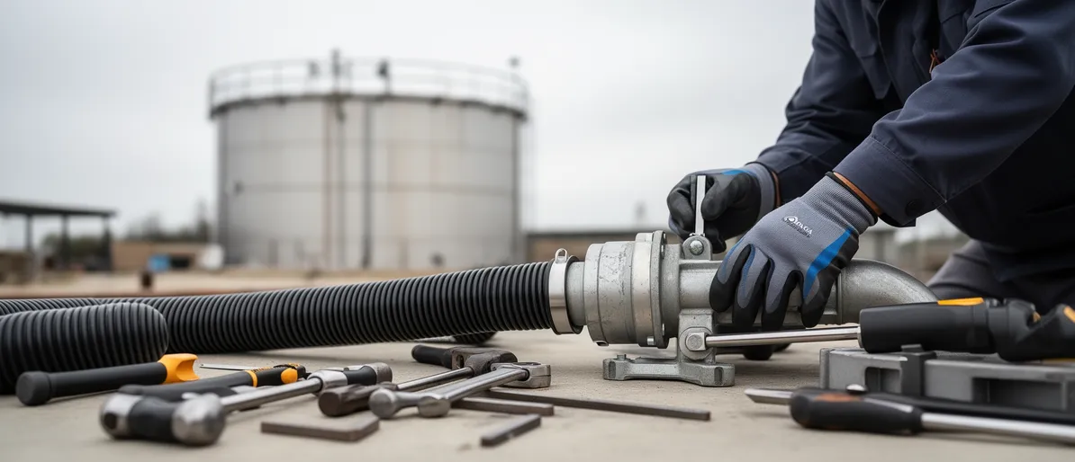 Ein Techniker montiert mit Handschuhen einen Industriestaubsaugerschlauch vor einem Stahltank.