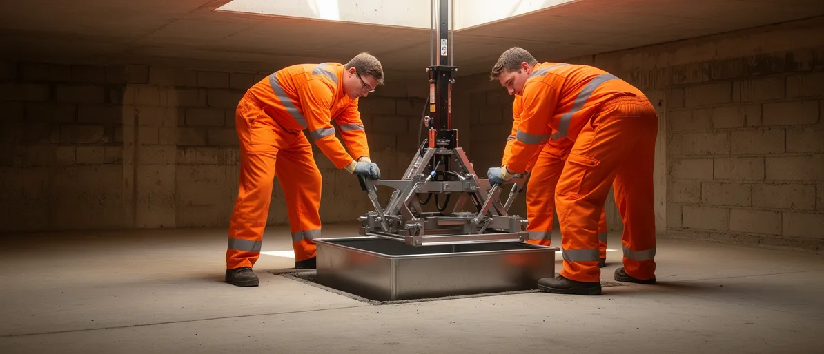 Drei Fachkräfte in orangen Schutzanzügen heben einen Metalltank mit Hydraulikheber im Keller.
