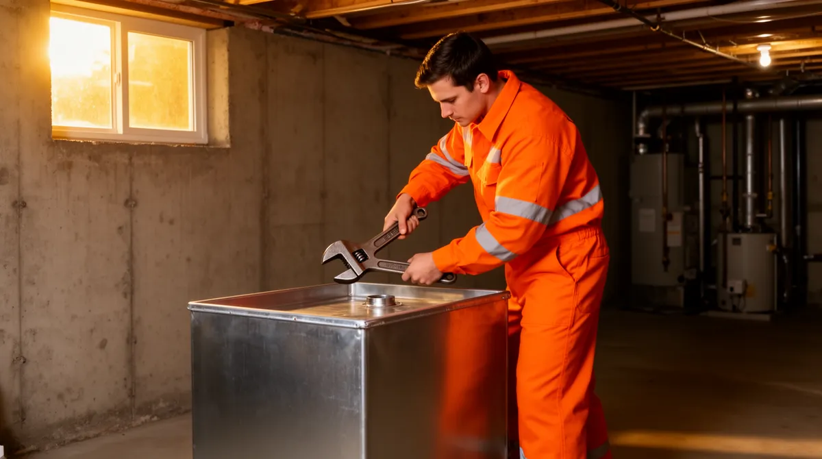Ein Arbeiter in oranger Sicherheitskleidung nutzt einen Schraubenschlüssel an einem Metalltank im Hauskeller.