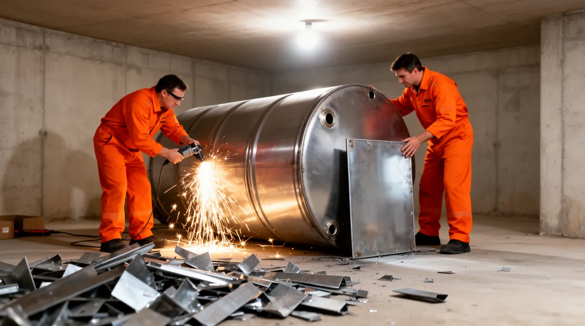 Zwei Arbeiter in orangen Schutzanzügen zerlegen einen zylinderförmigen Öltank in einem Keller mit Funkenflug.
