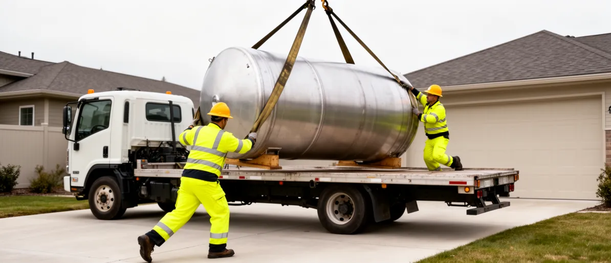 Zwei Arbeiter in Warnwesten laden einen zylindrischen Metalltank mit Hebebändern auf einen Tieflader auf einer Einfahrt.
