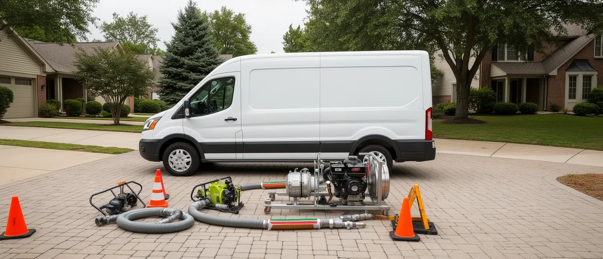 Ein weißer Service-Van in einer Vorstadteinfahrt mit Tankentfernungsausrüstung, Schläuchen und Absperrungen.