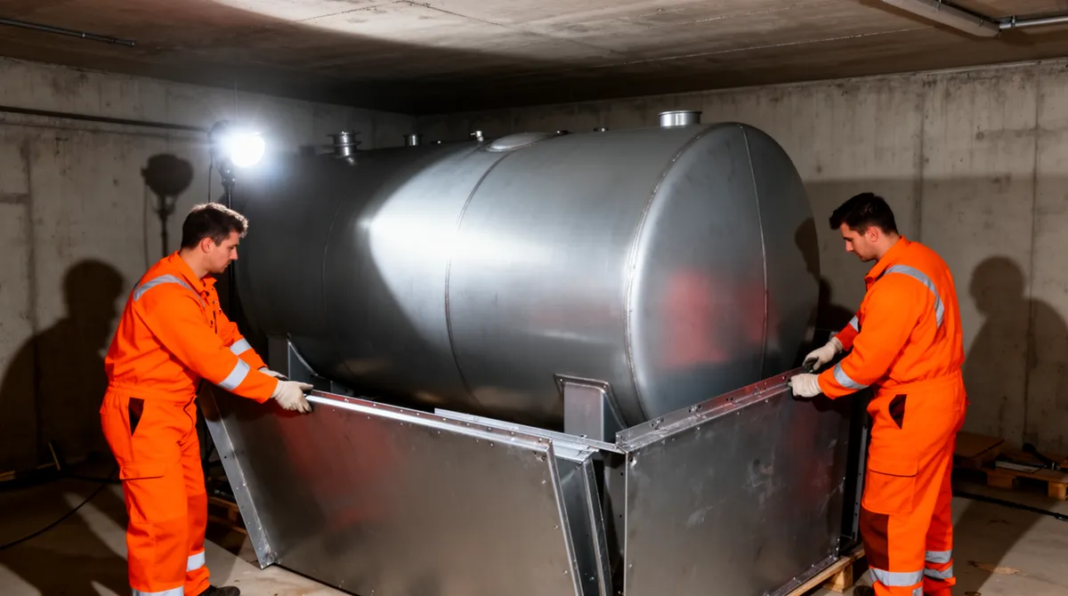 Zwei Arbeiter in orangefarbenen Schutzanzügen demontieren einen zylindrischen Metalltank in einem Betonkeller.