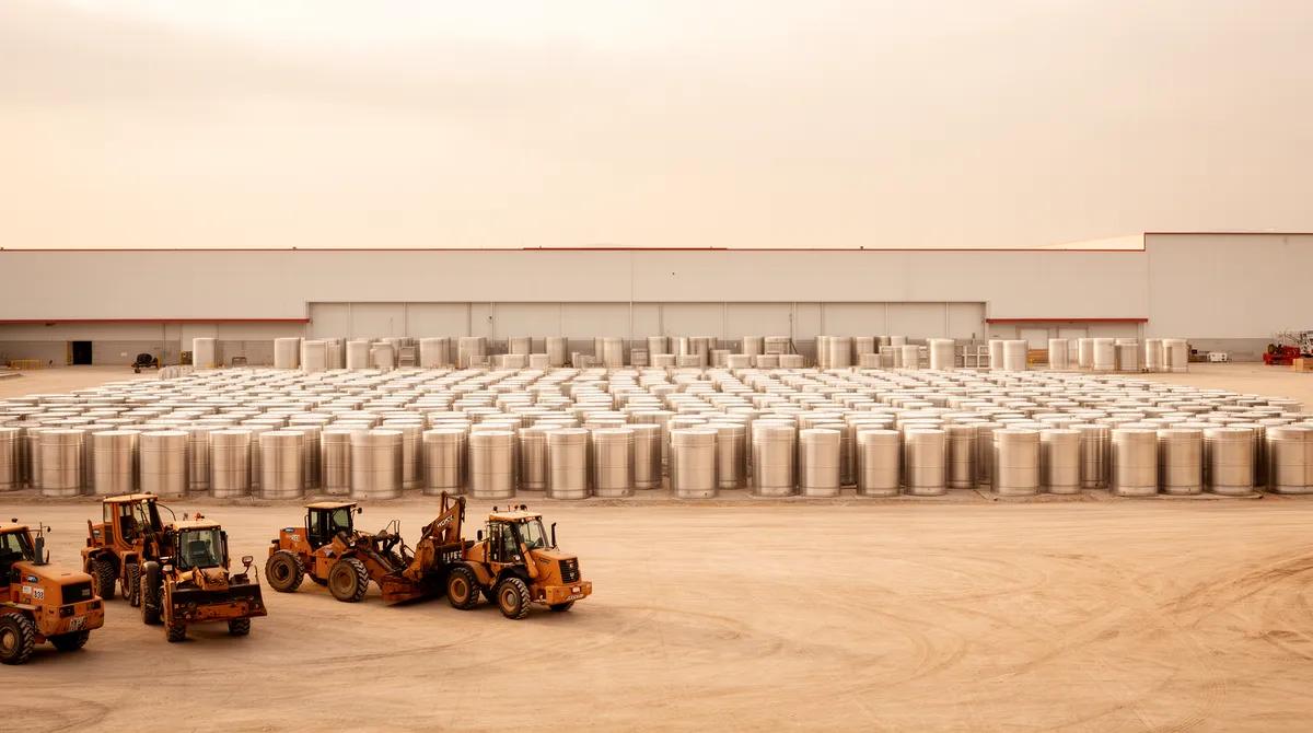 Industrielle Tankentsorgungsanlage mit in Reihen aufgereihten zylindrischen Metalltanks, Fahrzeugen und Lagerhalle.