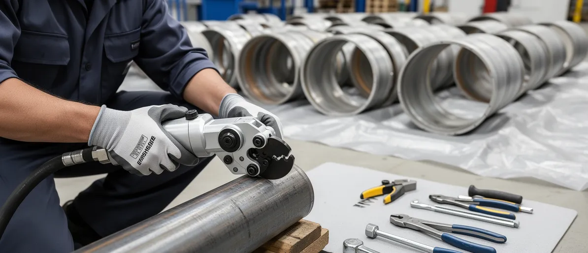 Ein Techniker mit Handschuhen bedient ein hydraulisches Schneidwerkzeug an einem Stahlrohr.