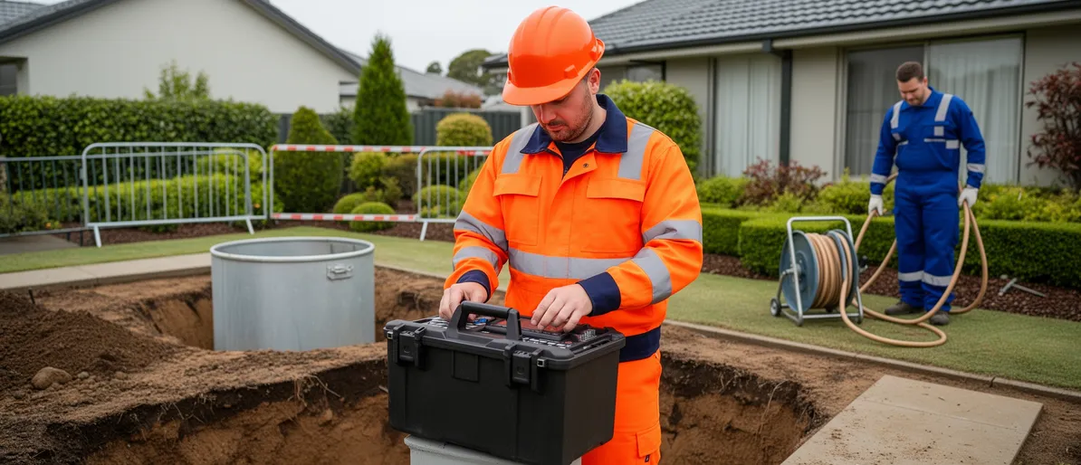 Ein Techniker in orangefarbener Arbeitskleidung arbeitet an einem Metalltank auf einem Wohnhausgrundstück.
