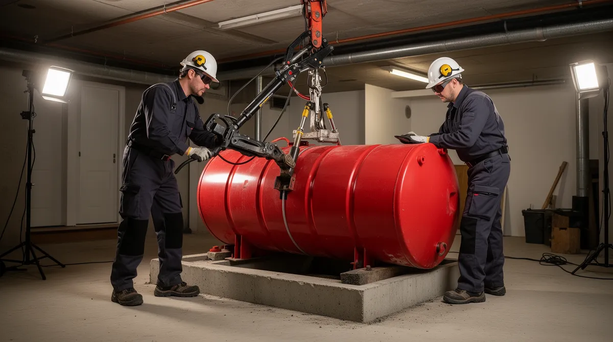 Zwei Techniker entfernen einen großen roten Öltank mit hydraulischem Gerät in einem Wohnhauskeller.