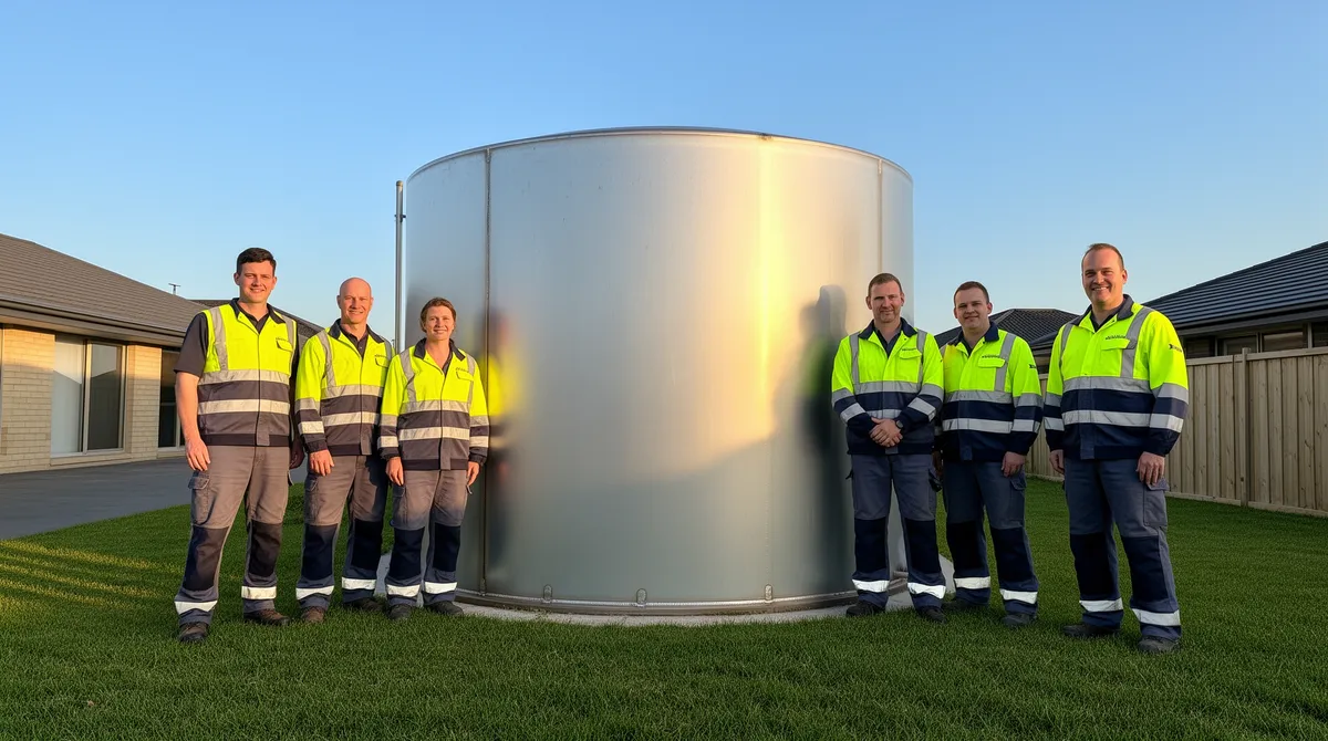 Ein Team in Warnwesten steht neben einem großen Stahltank auf einem gepflegten Wohnhausgrundstück.