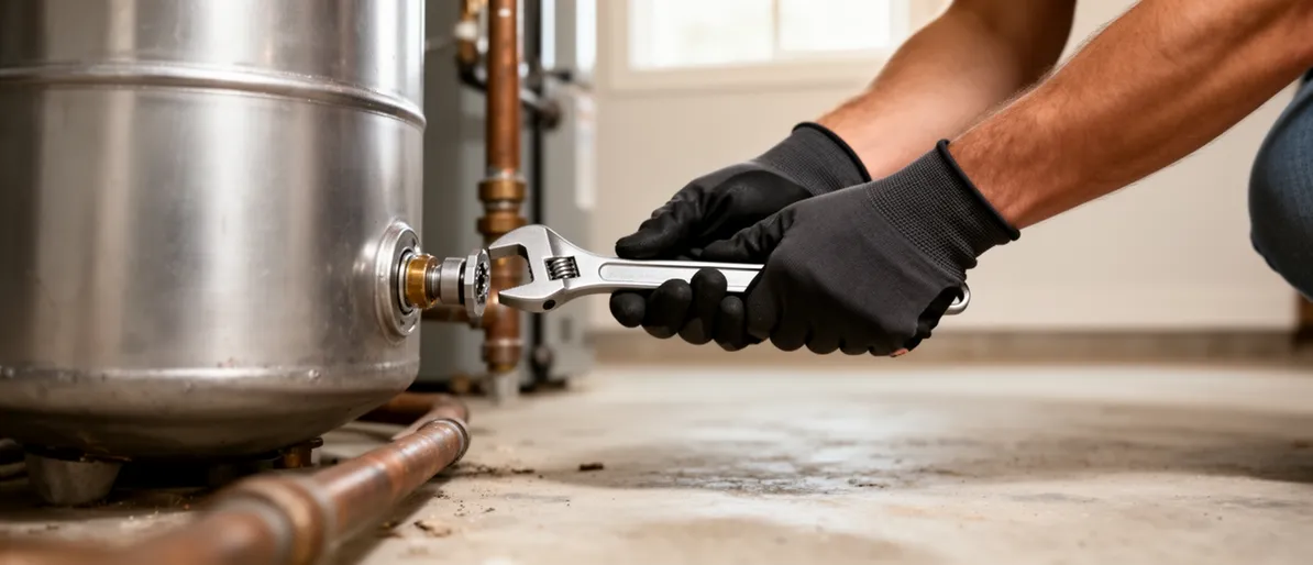 Ein Fachmann mit Handschuhen löst mit einem Spezialschlüssel einen großen Stahltank von den Rohren.