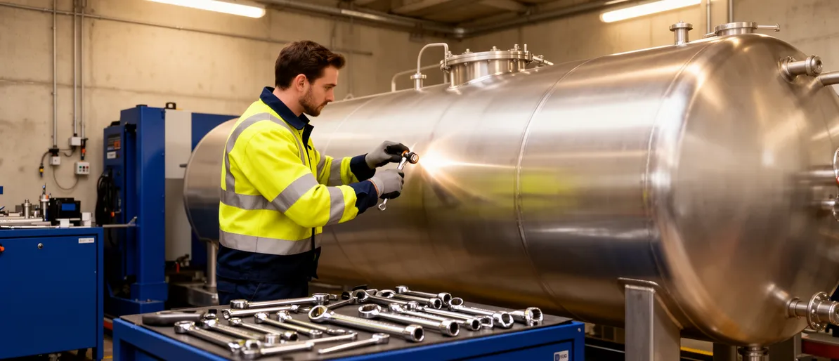 Ein Techniker in Sicherheitskleidung arbeitet präzise an einem großen Stahltank in einer sauberen Werkstatt.