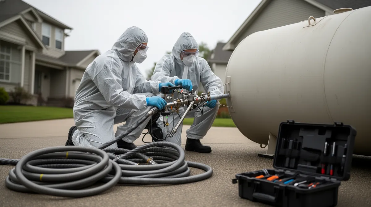 Zwei Techniker in Schutzausrüstung bedienen ein Vakuumsystem an einem großen Brennstofftank in einer Einfahrt.