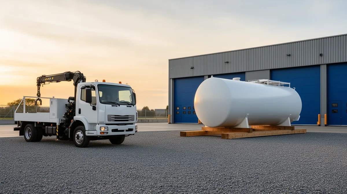 Ein weißer Servicewagen mit Kranarm und ein leerer Brennstofftank in einem sauberen Industriehof bei Sonnenuntergang.