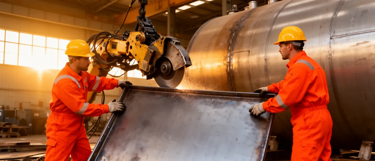 Zwei Arbeiter in orangen Schutzanzügen zerlegen einen großen zylindrischen Industrietank in einer Lagerhalle.