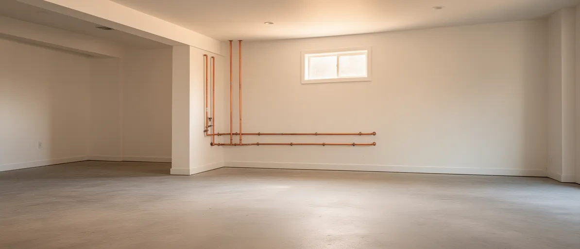 Leerer Wohnkeller mit weißen Wänden, Betonboden, verschlossenen Kupferrohren und einem kleinen Fenster.