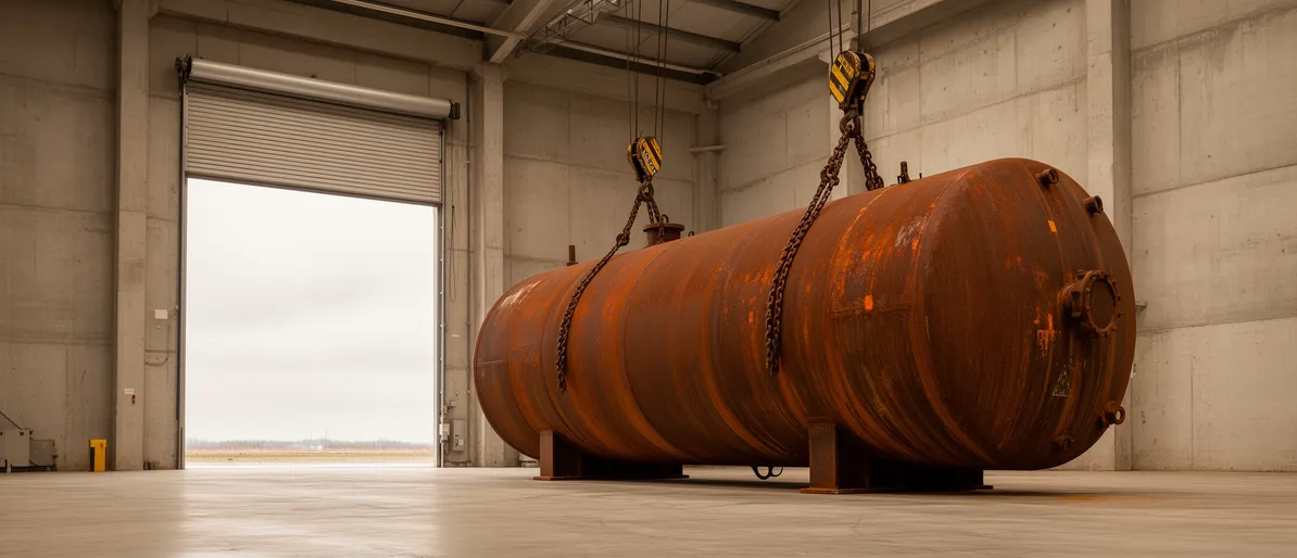 Ein großer rostiger zylindrischer Industrietank in einer weiten Betonlagerhalle mit schweren Ketten und offenem Rolltor.