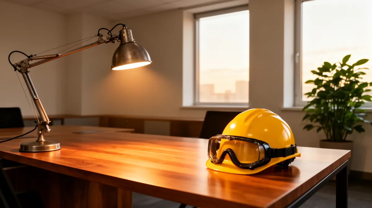 Ein geräumiges Büro mit Holztisch, gelbem Schutzhelm, Schutzbrille, Metalllampe, Fenster und Topfpflanze.