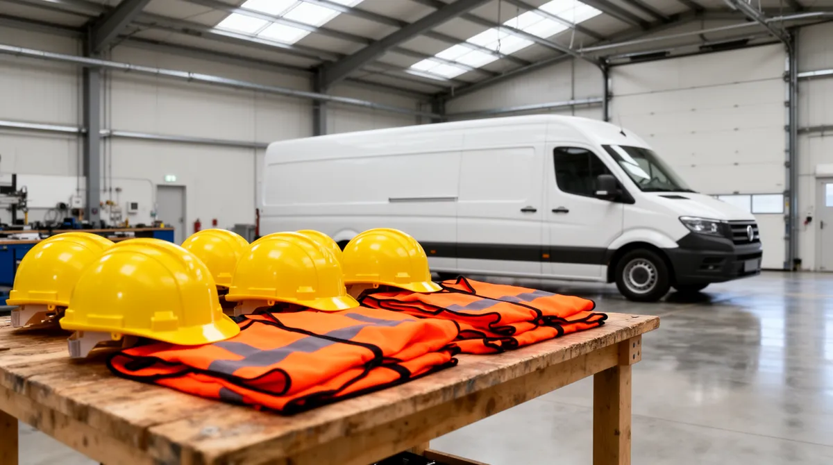 Gelbe Helme und orange Warnwesten auf einer Holzwerkbank in einer sauberen Industriewerkstatt mit weißem Transporter.