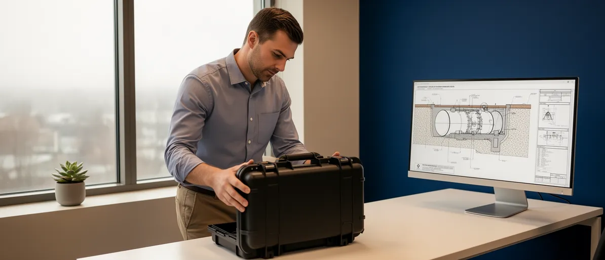 Ein Manager in Hemd prüft einen Werkzeugkoffer an einem minimalistischen Schreibtisch mit Sukkulente.