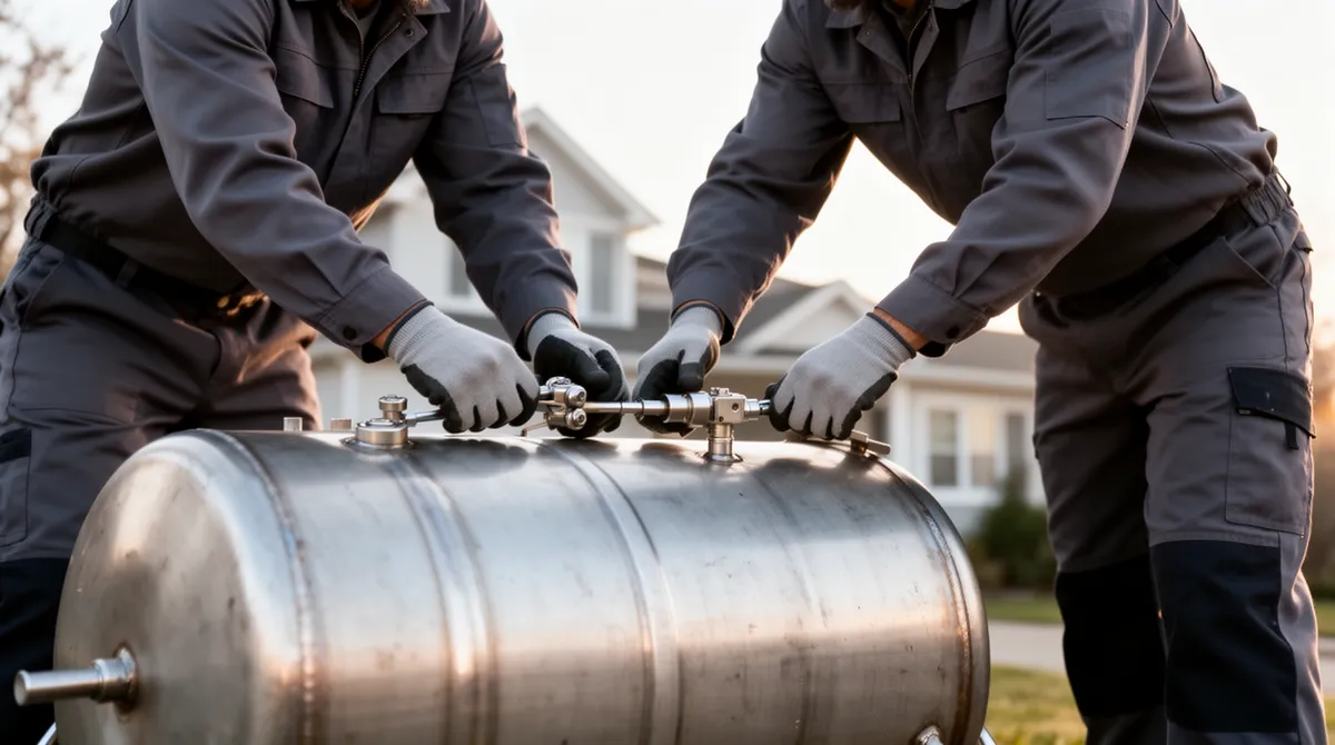 Zwei Techniker bereiten einen Stahltank für den Abtransport an einem Wohnhaus vor.