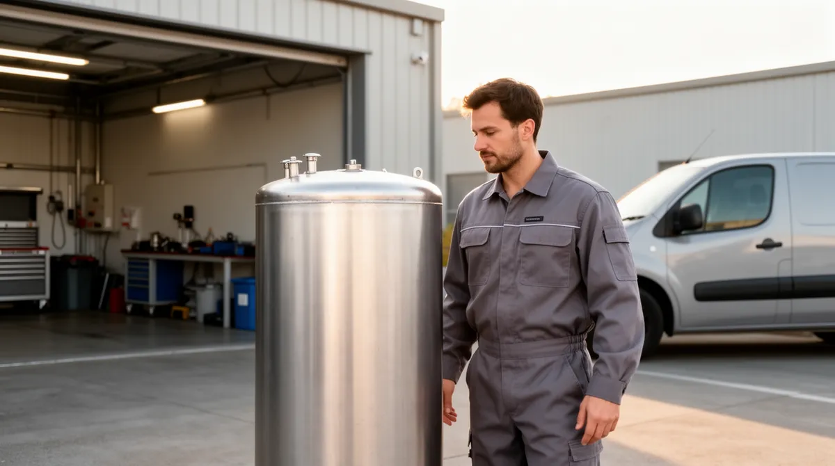 Ein Techniker in grauer Uniform steht neben einem Stahltank in einem aufgeräumten Industriehof.