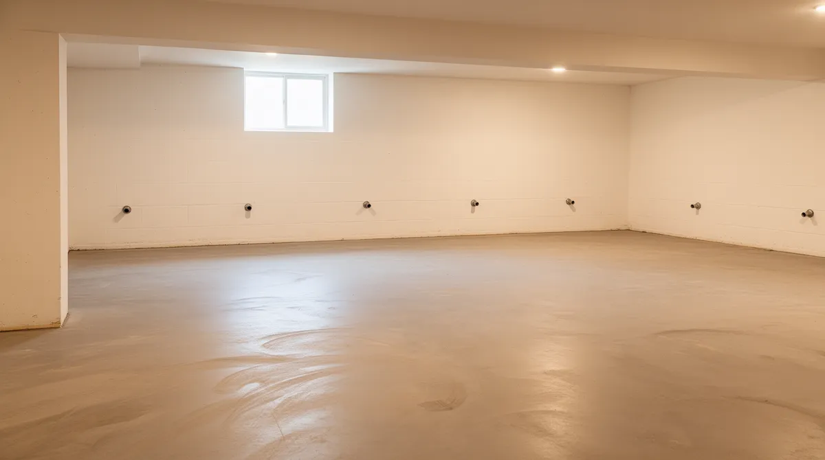 Geräumiger sauberer Keller mit glattem Betonboden, weißen Wänden und verschlossenen Rohrstutzen.